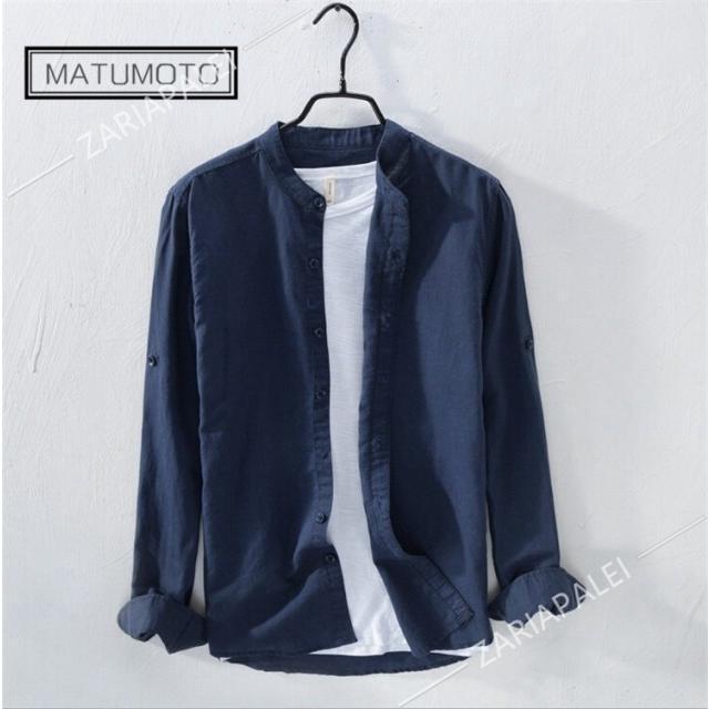 リネンシャツ メンズ 長袖 無地 麻混シャツ カジュアルシャツ 夏シャツ 通勤 開襟 綿麻シャツ 麻 カ - 画像 (5)