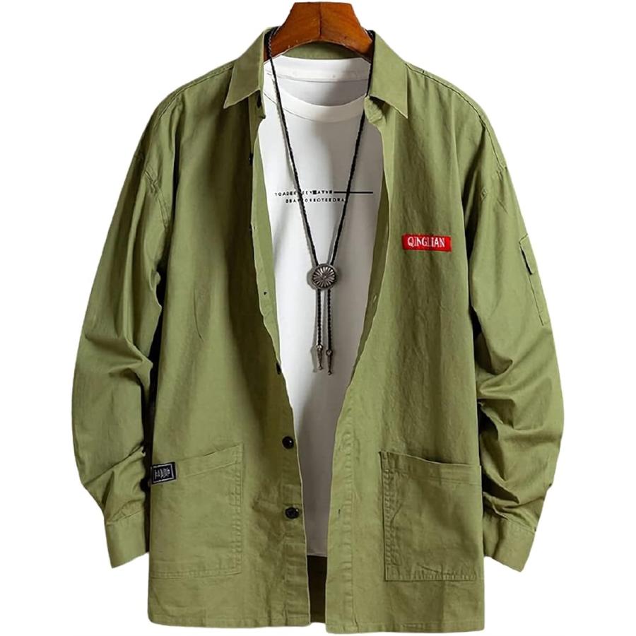 アスペルシオ 長袖 ワークシャツ 襟付き お洒落 トップス メンズ グリーン(パロットグリーン, L)