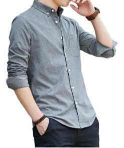 ボタンダウン シャツ メンズ 綿 スリムフィット 無地 カジュアル オックスフォード 4721(長袖グレー,  M)