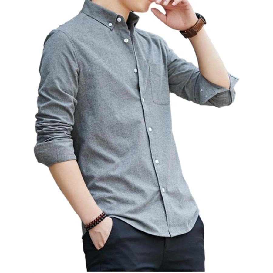 ボタンダウン シャツ メンズ 綿 スリムフィット 無地 カジュアル オックスフォード 4721(長袖グレー, M)