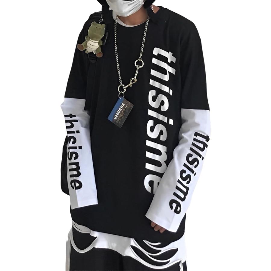 アスペルシオ 重ね着風 ロングスリーブ 袖ロゴ 英文字 プリント オシャレ カッコイイ トップス メンズ(ソプラノブラック, 2XL)