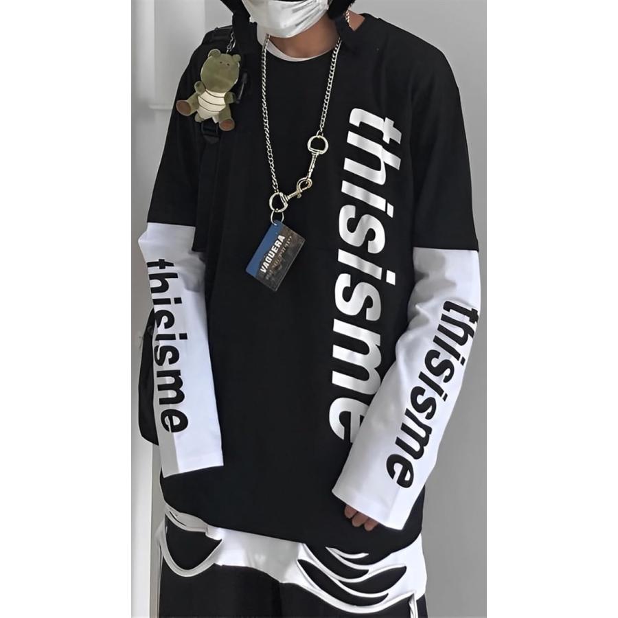 アスペルシオ 重ね着風 ロングスリーブ 袖ロゴ 英文字 プリント オシャレ カッコイイ トップス メンズ(ソプラノブラック, 2XL) - 画像 (2)