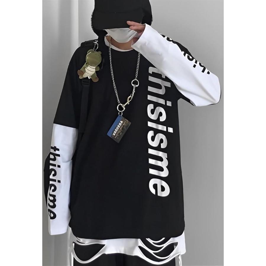 アスペルシオ 重ね着風 ロングスリーブ 袖ロゴ 英文字 プリント オシャレ カッコイイ トップス メンズ(ソプラノブラック, 2XL) - 画像 (3)