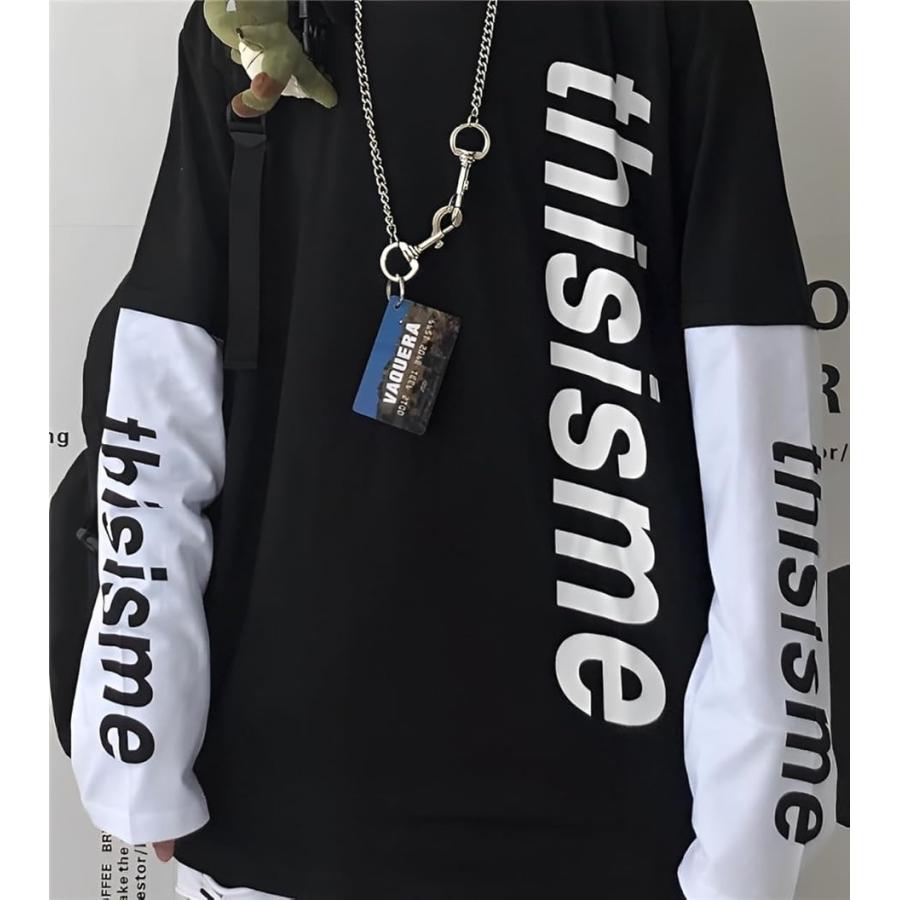 アスペルシオ 重ね着風 ロングスリーブ 袖ロゴ 英文字 プリント オシャレ カッコイイ トップス メンズ(ソプラノブラック, 2XL) - 画像 (4)