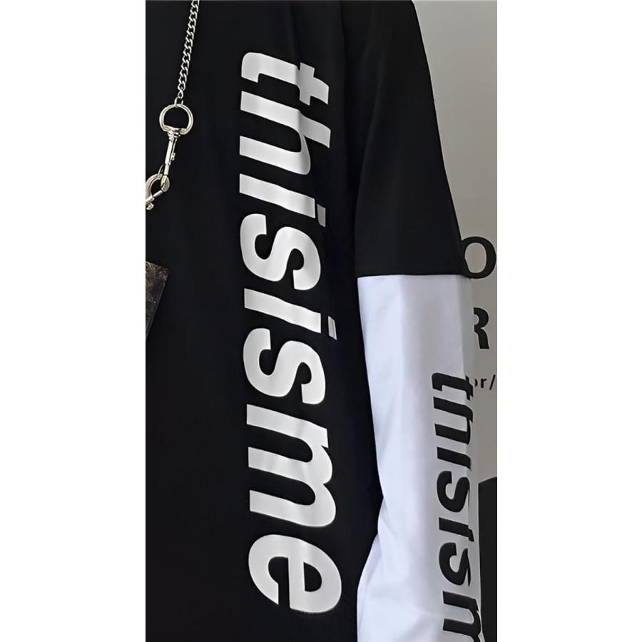 アスペルシオ 重ね着風 ロングスリーブ 袖ロゴ 英文字 プリント オシャレ カッコイイ トップス メンズ(ソプラノブラック, 2XL) - 画像 (5)