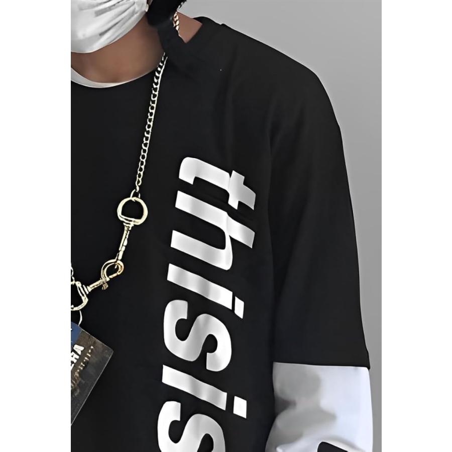 アスペルシオ 重ね着風 ロングスリーブ 袖ロゴ 英文字 プリント オシャレ カッコイイ トップス メンズ(ソプラノブラック, 2XL) - 画像 (9)