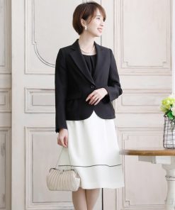 PourVous セットアップ フレアテーラードジャケット＆大きいサイズバイカラーワンピースフォーマル入学式対応 七五三 ママ セレモニー 入園式 卒園式