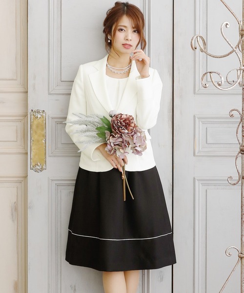 PourVous セットアップ フレアテーラードジャケット&大きいサイズバイカラーワンピースフォーマル入学式対応 七五三 ママ セレモニー 入園式 卒園式 - 画像 (8)