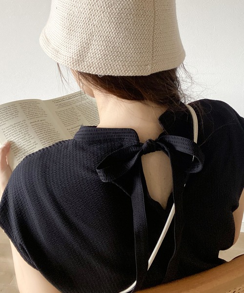 classicalelf ワンピース 360度きゅんっ。夏っぽサッカー生地でさらり。バックリボン ティアードワンピース - 画像 (6)