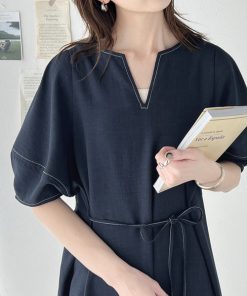 classicalelf ワンピース 自然体で1枚さらり。夏 使える 前後2way 配色ステッチランタンスリーブワンピース