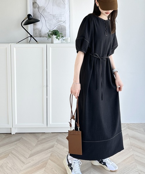 classicalelf ワンピース 自然体で1枚さらり。夏 使える 前後2way 配色ステッチランタンスリーブワンピース - 画像 (2)
