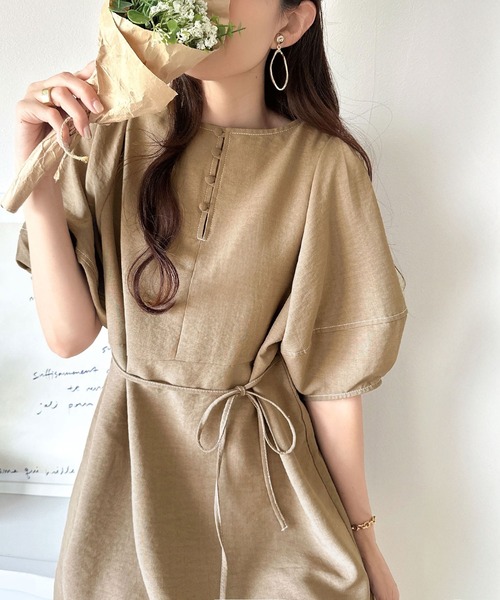 classicalelf ワンピース 自然体で1枚さらり。夏 使える 前後2way 配色ステッチランタンスリーブワンピース - 画像 (3)