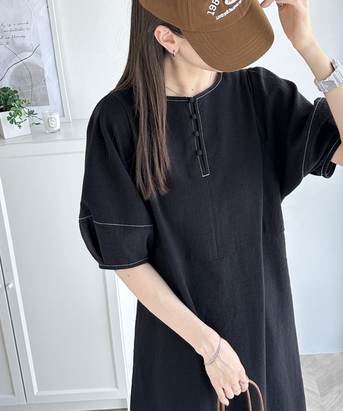 classicalelf ワンピース 自然体で1枚さらり。夏 使える 前後2way 配色ステッチランタンスリーブワンピース - 画像 (6)