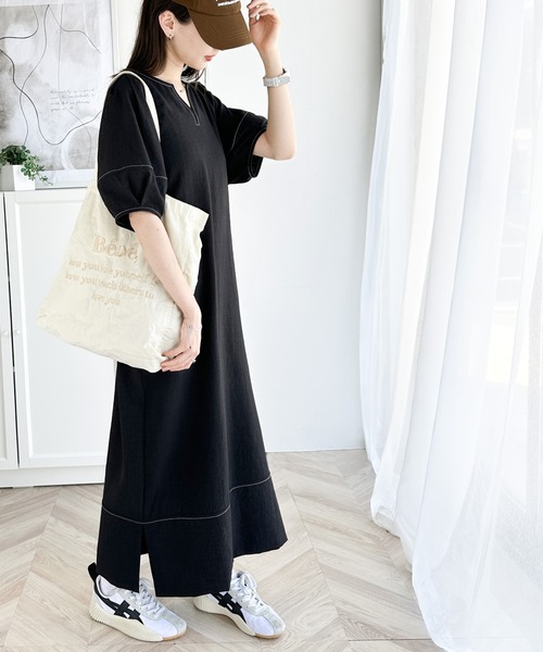 classicalelf ワンピース 自然体で1枚さらり。夏 使える 前後2way 配色ステッチランタンスリーブワンピース - 画像 (7)