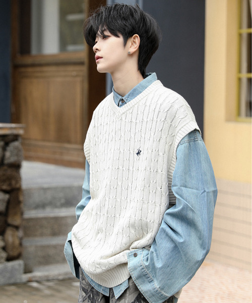 BEVERLY HILLS POLO CLUB ベスト ジレ 「neos」BEVERLY ビバリーヒルズ ポロクラブ ルーズシルエット ワンポイント ロゴ刺繍 ケーブ - 画像 (2)