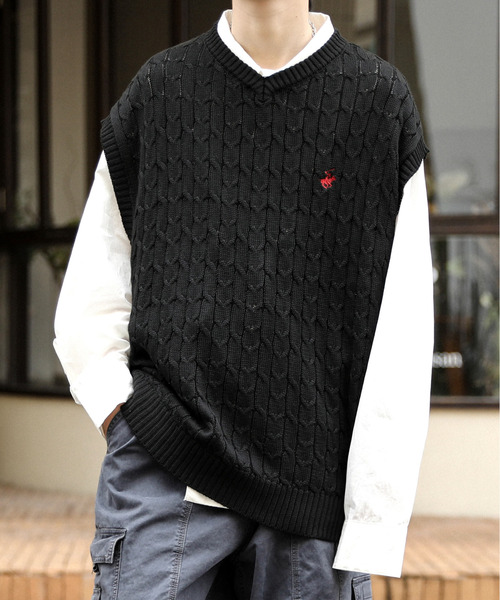 BEVERLY HILLS POLO CLUB ベスト ジレ 「neos」BEVERLY ビバリーヒルズ ポロクラブ ルーズシルエット ワンポイント ロゴ刺繍 ケーブ - 画像 (3)