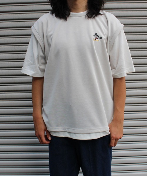 Disney tシャツ 「DISNEY/ディズニー」ミッキーマウス ワンポイント刺繍配色ポンチレイヤードTシャツ メンズ レディース - 画像 (2)