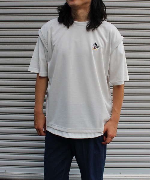 Disney tシャツ 「DISNEY/ディズニー」ミッキーマウス ワンポイント刺繍配色ポンチレイヤードTシャツ メンズ レディース - 画像 (6)