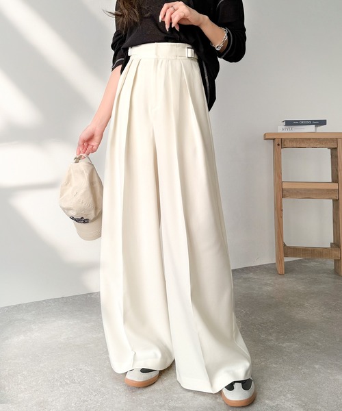 classicalelf パンツ 上品なシルエットの優秀パンツ♪サイドベルトハイウエスト2タックワイドパンツ レディース - 画像 (2)