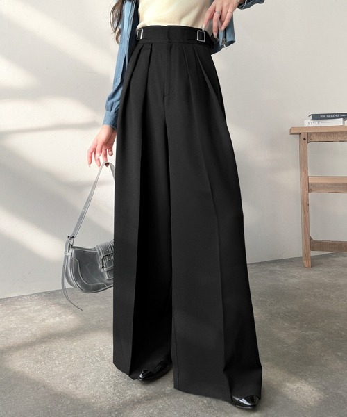 classicalelf パンツ 上品なシルエットの優秀パンツ♪サイドベルトハイウエスト2タックワイドパンツ レディース - 画像 (3)