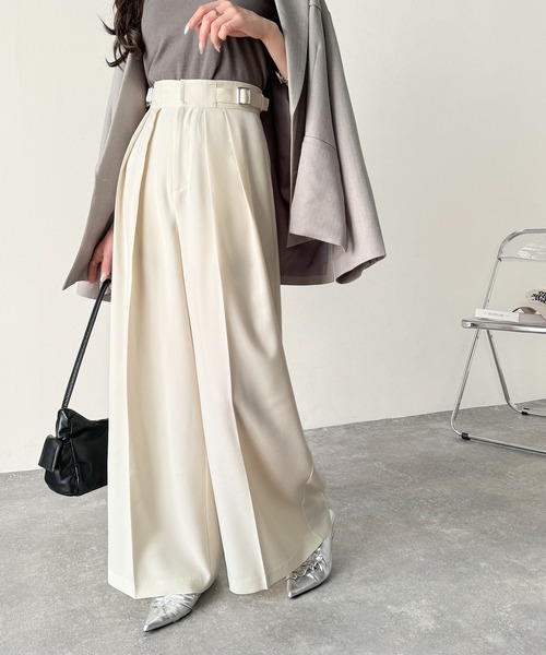 classicalelf パンツ 上品なシルエットの優秀パンツ♪サイドベルトハイウエスト2タックワイドパンツ レディース - 画像 (5)