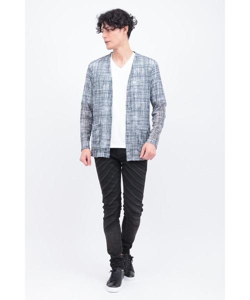 TORNADO MART tシャツ モザイクチェックノーカラーカーデ メンズ - 画像 (4)