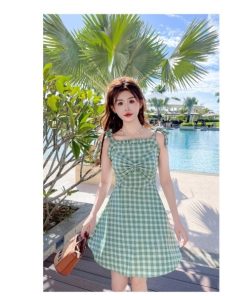 水着 チェック柄 キャミソール フロントリボン ワンピースビキニ レディース