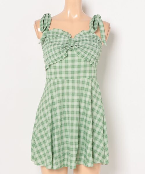 水着 チェック柄 キャミソール フロントリボン ワンピースビキニ レディース - 画像 (9)