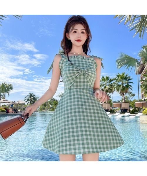 水着 チェック柄 キャミソール フロントリボン ワンピースビキニ レディース - 画像 (3)