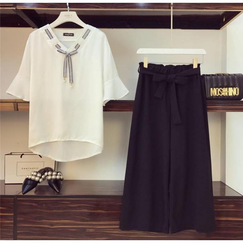 セットアップ レディース 春夏 半袖 可愛い パフスリーブ シフォン おしゃれ 前リボン ズボン ゆったり きれいめ カジュアル 新作 韓国風 2色