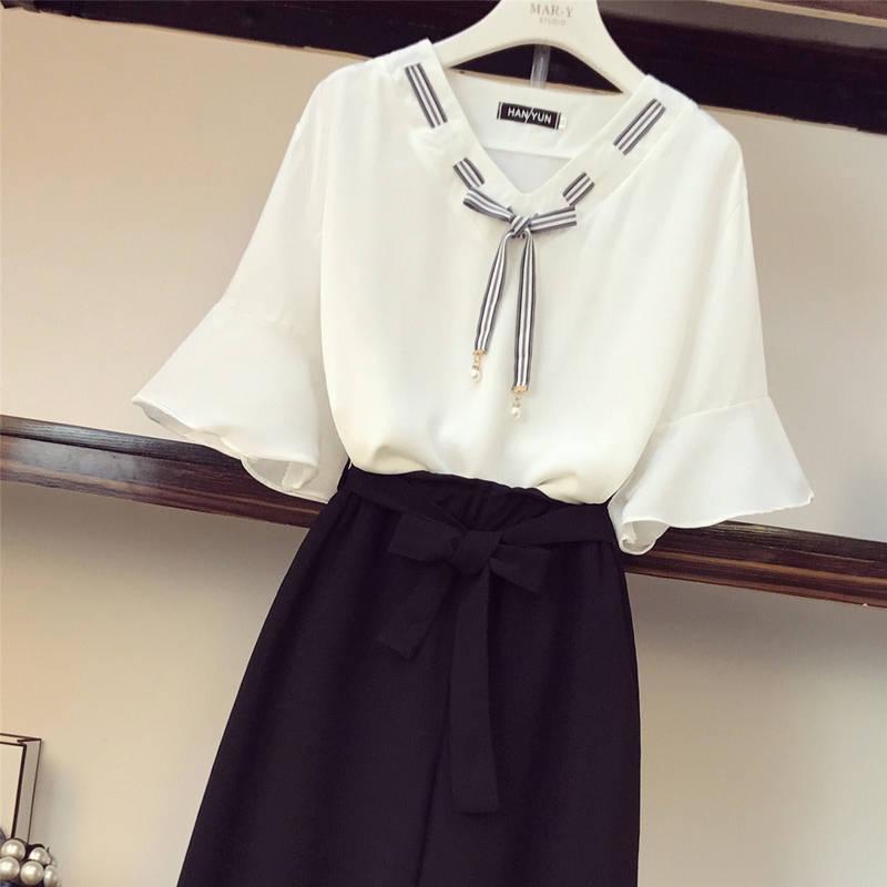 セットアップ レディース 春夏 半袖 可愛い パフスリーブ シフォン おしゃれ 前リボン ズボン ゆったり きれいめ カジュアル 新作 韓国風 2色 - 画像 (7)