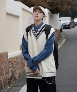 ニット メンズ 春秋 チョッキ ス アウター カレッジスタイル Vネック 重ね着 単品 カジュアル ビッグシルエット コーデ ゆったり 柄