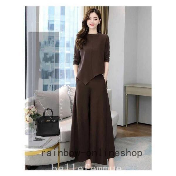 レディースセットアップスパンツ秋冬30代40代50代無地上下セットきれいめファッションゆったり通勤OLママ大きいサイズ - 画像 (4)