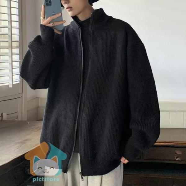 ニットカーディガン メンズ カーディガン ジャケット 長袖 秋冬 ゆったり 無地 ジップアップ 立ち襟 ニットセーター アウトドア 前開 カジュアル - 画像 (3)