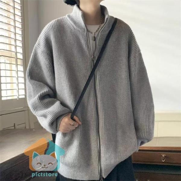 ニットカーディガン メンズ カーディガン ジャケット 長袖 秋冬 ゆったり 無地 ジップアップ 立ち襟 ニットセーター アウトドア 前開 カジュアル - 画像 (5)