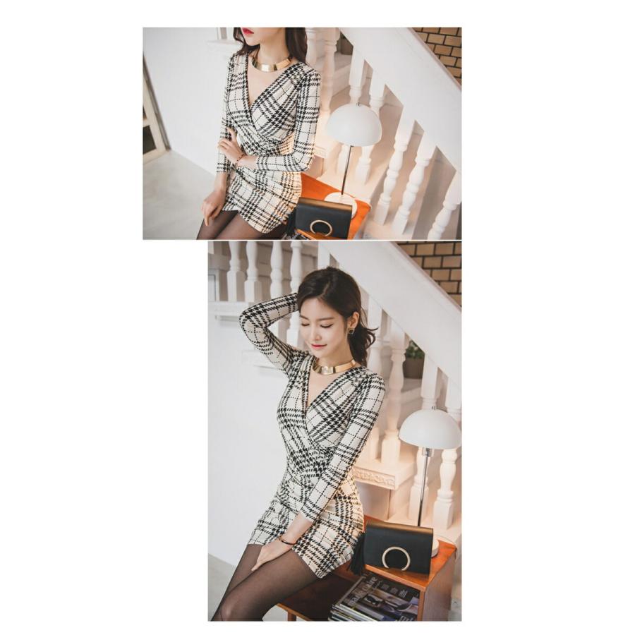 Village H&T ワンピース レディース ドレス ギンガムチェック タイト ストレッチ 長袖 韓国風 - 画像 (6)