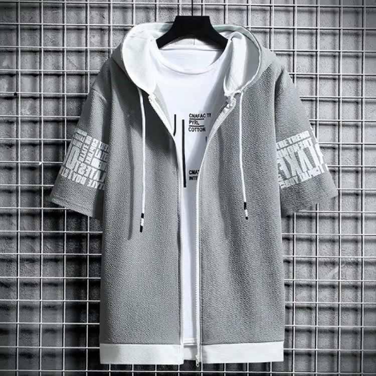 半袖 パーカー メンズ 夏服 レイヤード 無地 フード付き ゆったり ジップパーカー スウェット アウター スポーツ 大きいサイズ おしゃれ 薄手 涼 - 画像 (2)