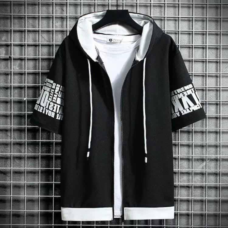 半袖 パーカー メンズ 夏服 レイヤード 無地 フード付き ゆったり ジップパーカー スウェット アウター スポーツ 大きいサイズ おしゃれ 薄手 涼 - 画像 (3)