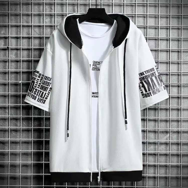 半袖 パーカー メンズ 夏服 レイヤード 無地 フード付き ゆったり ジップパーカー スウェット アウター スポーツ 大きいサイズ おしゃれ 薄手 涼 - 画像 (4)