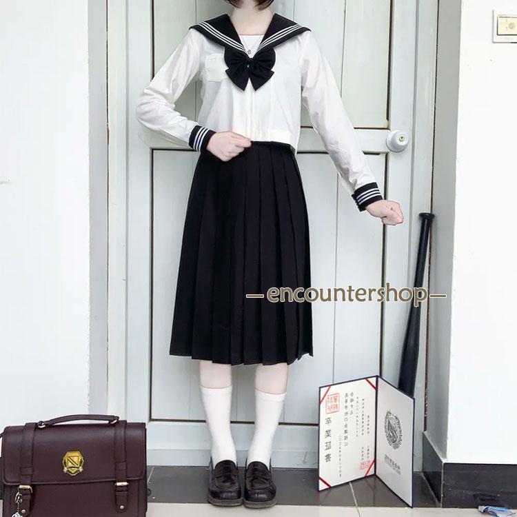 セーラー服 制服 衣装 仮装 レディース 長袖 上下セット 4点セット 半袖 セットアップ 靴下付き スカーフ ショートスカート ミドルス - 画像 (2)