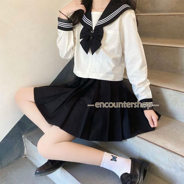 セーラー服 制服 衣装 仮装 レディース 長袖 上下セット 4点セット 半袖 セットアップ 靴下付き スカーフ ショートスカート ミドルス - 画像 (3)