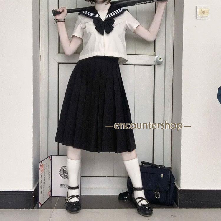 セーラー服 制服 衣装 仮装 レディース 長袖 上下セット 4点セット 半袖 セットアップ 靴下付き スカーフ ショートスカート ミドルス - 画像 (4)