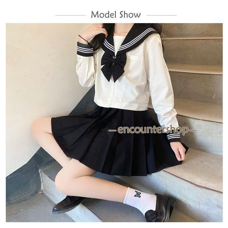 セーラー服 制服 衣装 仮装 レディース 長袖 上下セット 4点セット 半袖 セットアップ 靴下付き スカーフ ショートスカート ミドルス - 画像 (8)
