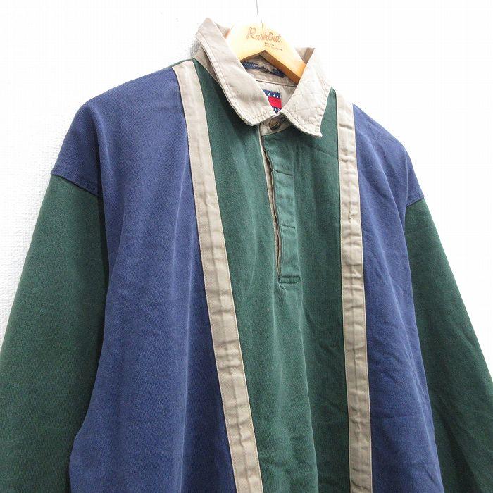 TOMMY HILFIGER L/古着 トミーヒルフィガー 長袖 ブランド ラガー シャツ メンズ 90s ヒジ当て マルチカラー 緑他 グリーン spe 25sep03 中古 トップス
