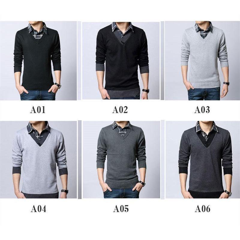 送料無料 ニットセーター メンズ フェイクレイヤード チェック柄 トップス Vネック 無地 あったか 防寒 カジュアル 通勤 厚手 シンプル 秋冬