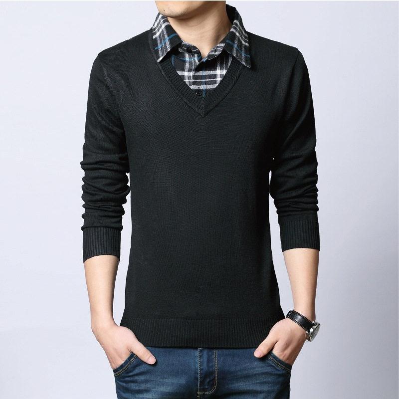 送料無料 ニットセーター メンズ フェイクレイヤード チェック柄 トップス Vネック 無地 あったか 防寒 カジュアル 通勤 厚手 シンプル 秋冬 - 画像 (3)