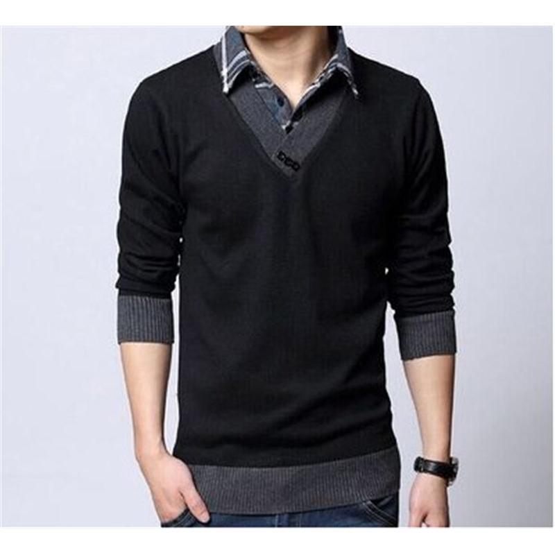 送料無料 ニットセーター メンズ フェイクレイヤード チェック柄 トップス Vネック 無地 あったか 防寒 カジュアル 通勤 厚手 シンプル 秋冬 - 画像 (4)