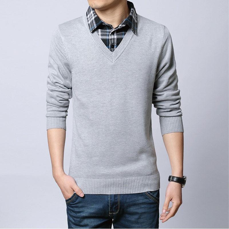 送料無料 ニットセーター メンズ フェイクレイヤード チェック柄 トップス Vネック 無地 あったか 防寒 カジュアル 通勤 厚手 シンプル 秋冬 - 画像 (5)