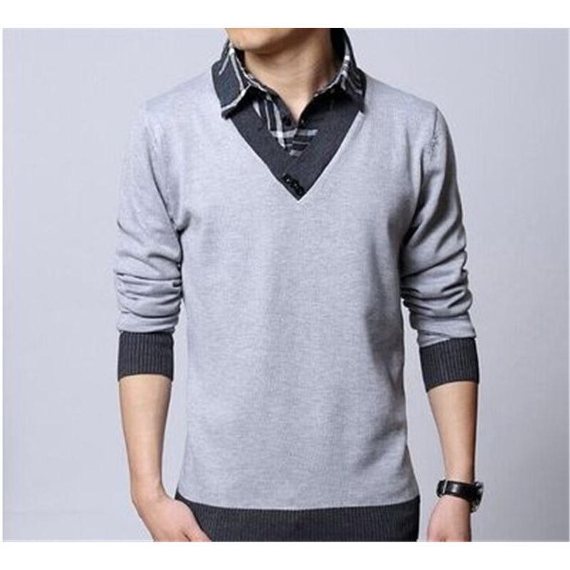 送料無料 ニットセーター メンズ フェイクレイヤード チェック柄 トップス Vネック 無地 あったか 防寒 カジュアル 通勤 厚手 シンプル 秋冬 - 画像 (6)