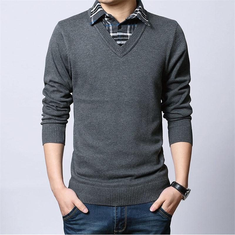 送料無料 ニットセーター メンズ フェイクレイヤード チェック柄 トップス Vネック 無地 あったか 防寒 カジュアル 通勤 厚手 シンプル 秋冬 - 画像 (7)